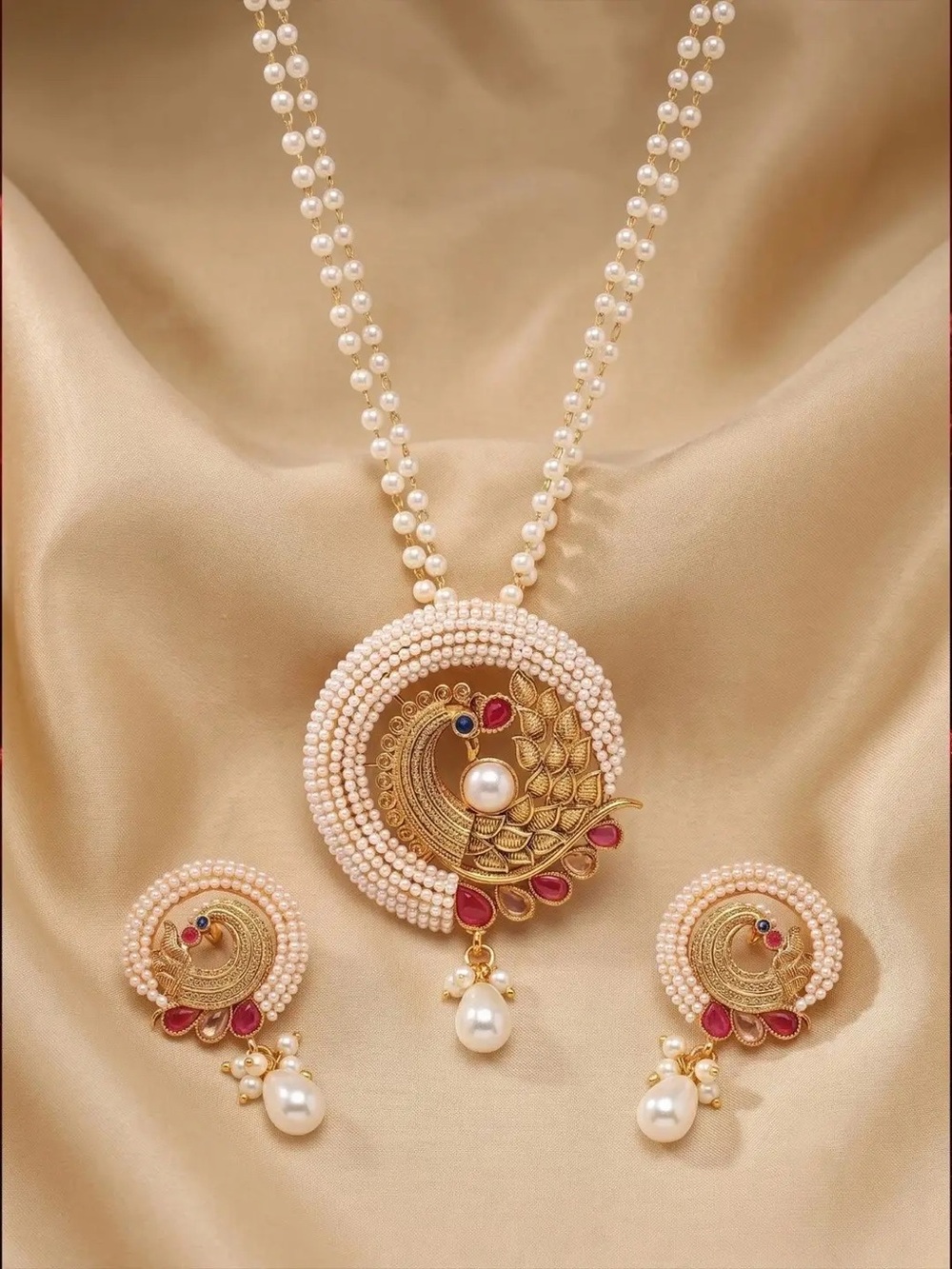 Pearl peacock necklace earrings set Pink Gold synthetic sapphire 24k yellow gold